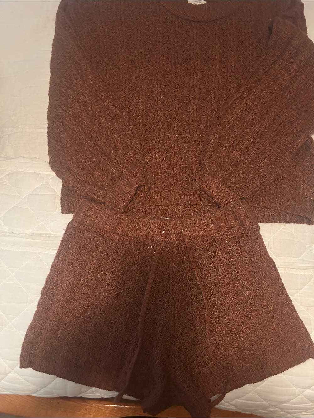 Blu Pepper Crewneck Knit Sweater and Drawstring Shorts Set - Brown